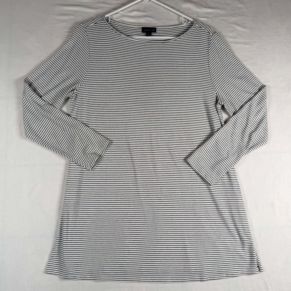 J Jill Wearever Medium Petite Black White Striped Boatneck Tunic Top Long Sleeve